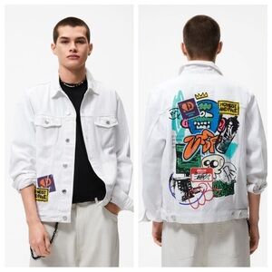 NWT. Zara Man Denim Jacket with Graffiti Style Print. Size S.